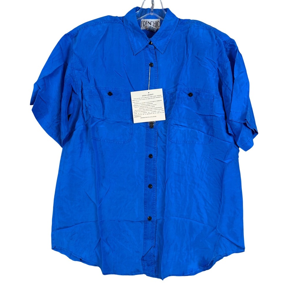NWT VTG Women Royal Blue Washable Silk Short Sleeve Button Up Shirt Frenchic MED